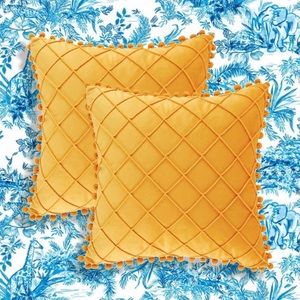 Luxury Home | Mustard Yellow Soft Velvet Pattern Pom Pom Trim Pillow Covers